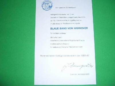 Urkunde Blaues Band Junggeflügelschau Hannover 2006